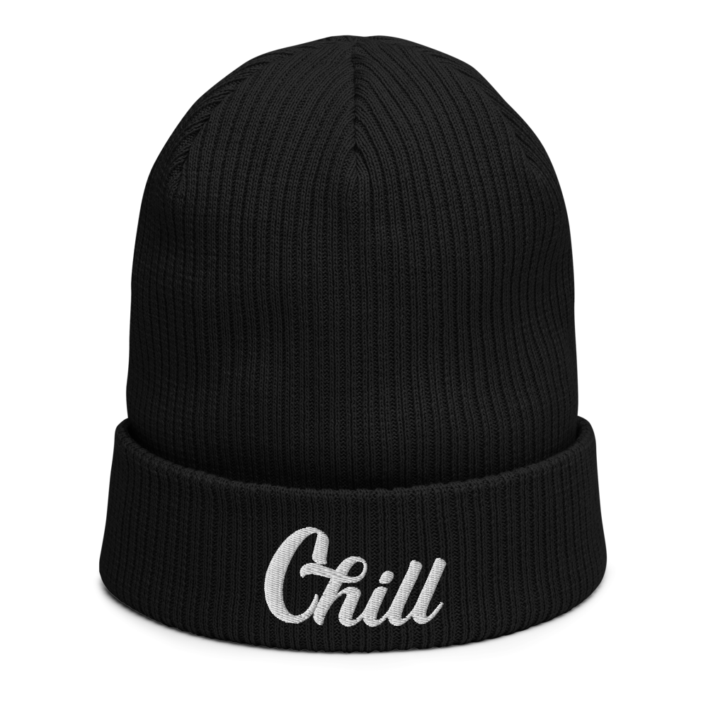 Chill Ski Beanie - Organic Cotton Ribbed, White Embroidery